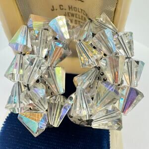 Vintage silver tone AB aurora borealis glass beaded cluster clip on earrings